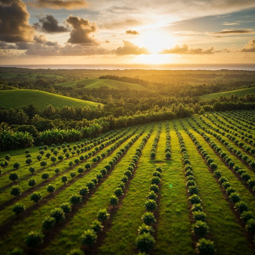 Lush Pacific Island kava farm at golden hour
