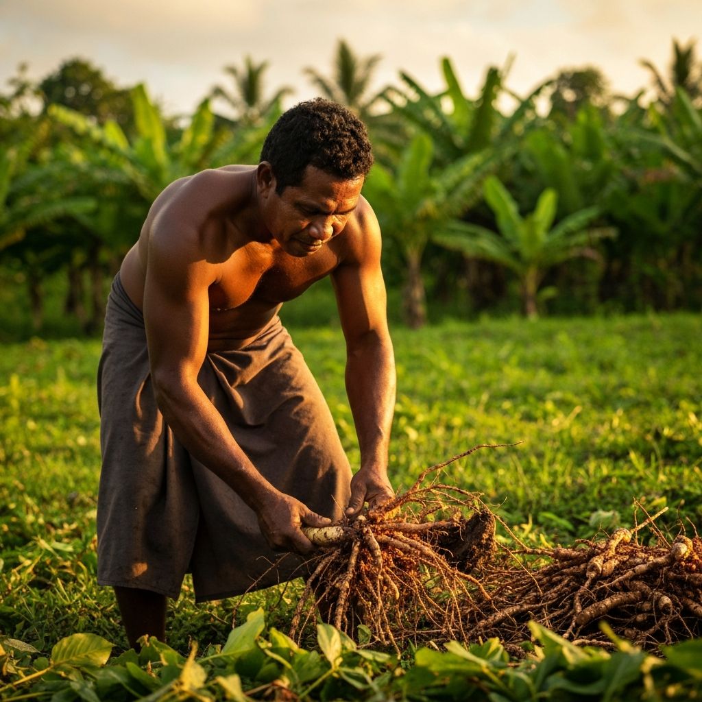Pacific Island farmer harvesting kava roots
